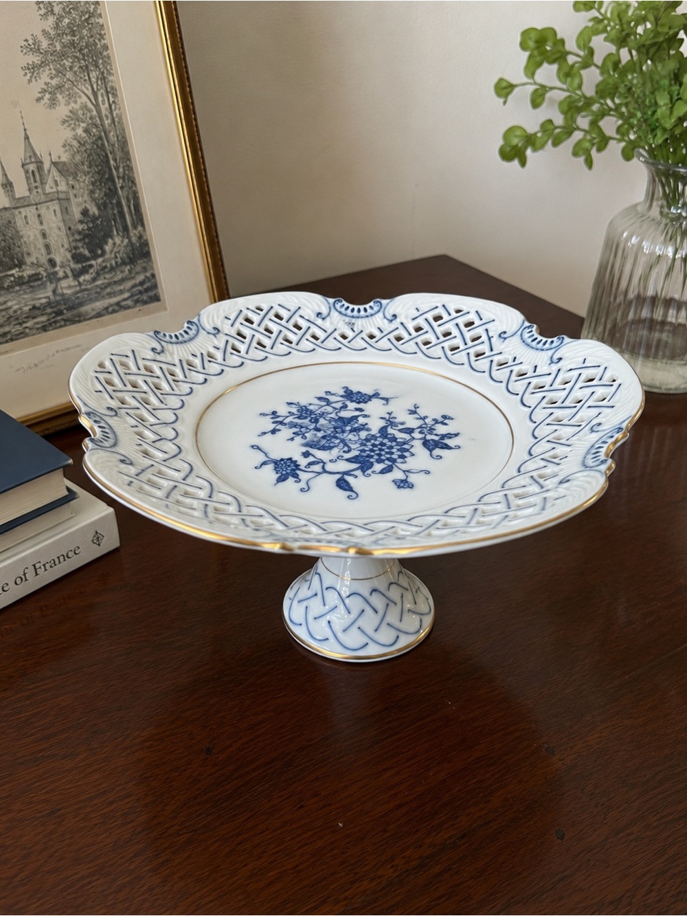Vintage Blue Danube Reticulated Pierced Cake Plate Stand 8.25" x 4" Japan stamp